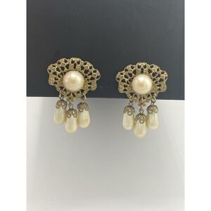 Miriam Haskell‎ Pearl Earrings VTG Clip Russian Gold Tone Dangle Drop Clip Screw